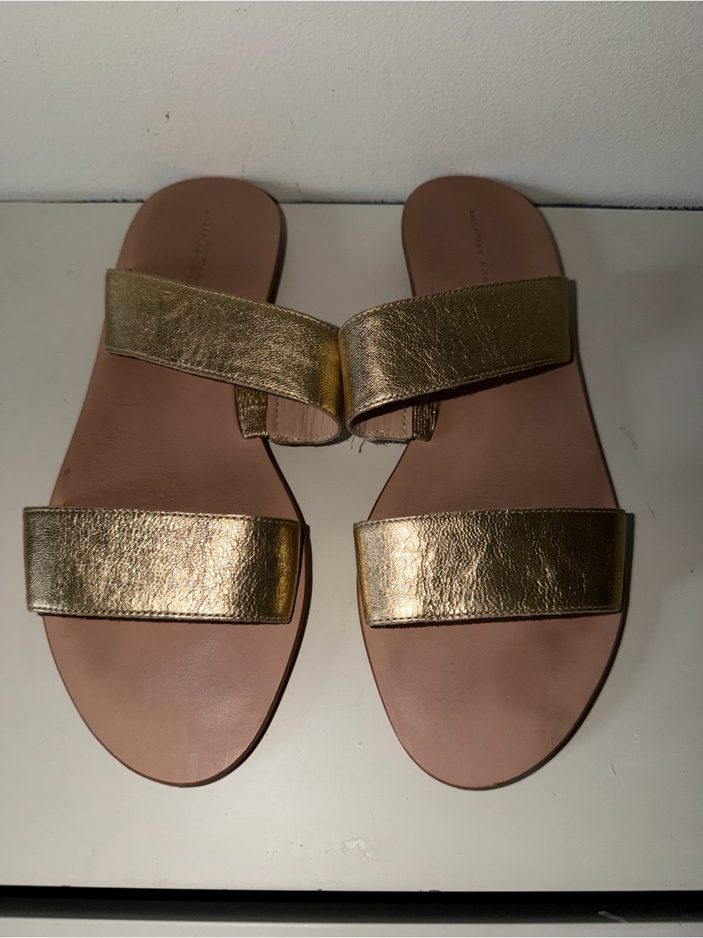 Loeffler Randall Gold Metallic Leather Double Strap Slide Sandals Flats